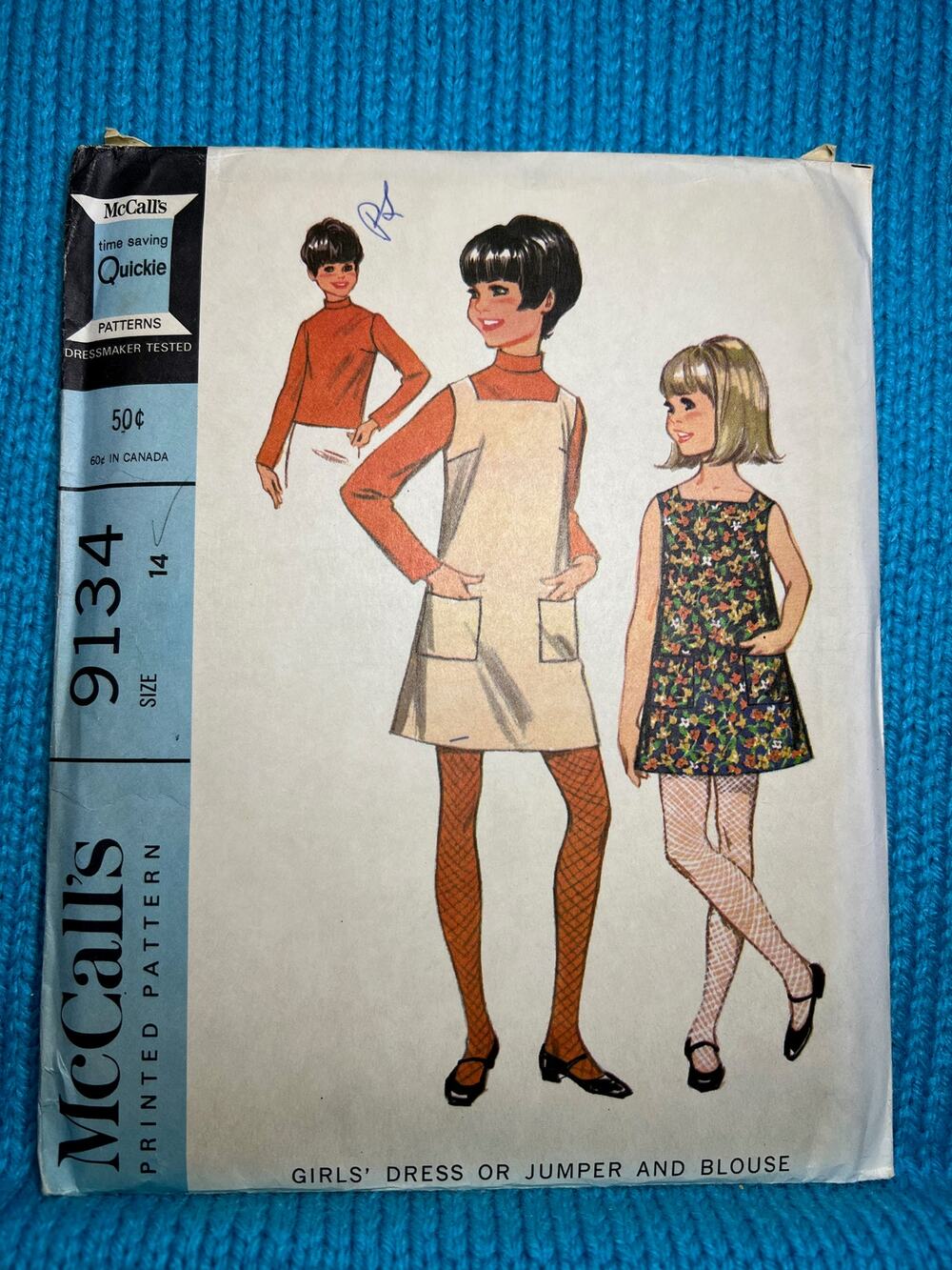 McCalls 9134 pattern girls jumper dress A line turtle neck 1960s size 14